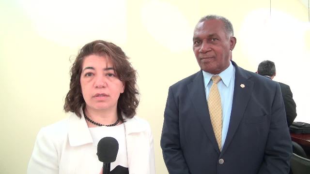 (L-r) Ms. Inci Otker, the International Monetary Fund’s Mission Chief for St. Kitts and Nevis and Hon. Vance Amory, Premier of Nevis and Minister of Finance at the Ministry of Finance conference room on April 21, 2017